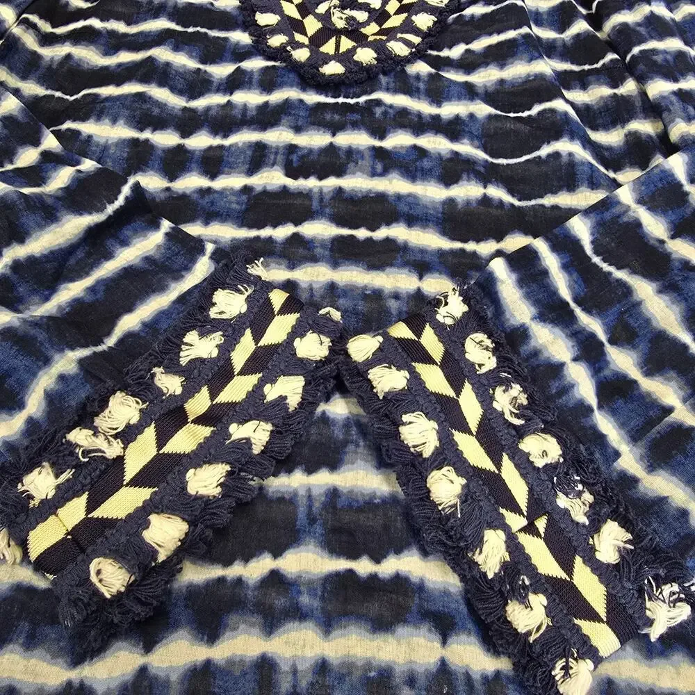 Tory Burch Blue Tie Dye Embellished Cotton Voile Tunic Shirt Size 4 Fringe Boho